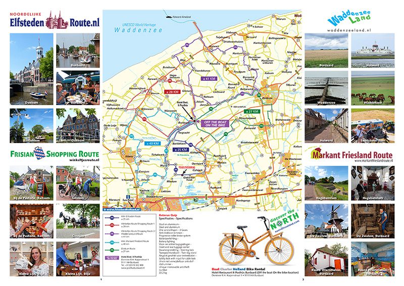 Deze route- en attractiekaart Discover the North met fietsknooppunten staat in de nieuwste Boat Charter Holland-gids, voor het eerst verkrijgbaar in de stands in hal 17 en 14 van Friesland Holland op Boot Düsseldorf (www.boot.de).